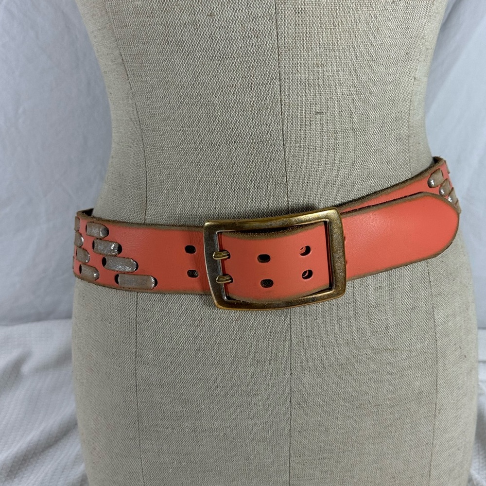 Vintage hand made pink LINEA PELLE leather thick stitch belt size medium